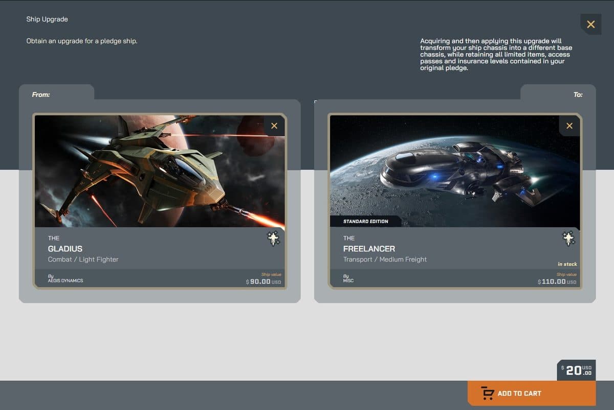 The RSI pledge store upgrade page listing available Cross-Chassis Upgrades with their price differences.