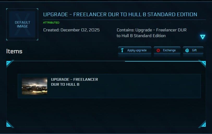 The My Hangar page on the RSI website with an upgrade selected and the Apply Upgrade option shown.