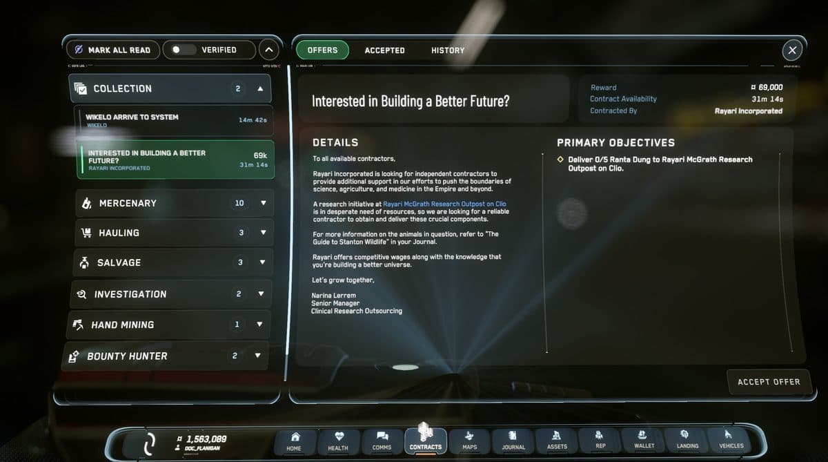 The in-game mobiGlas Mission Manager screen showing a list of available contracts with mission details and an accept option.