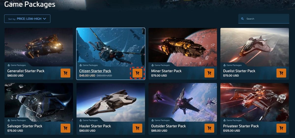 Grid of Star Citizen game packages on the RSI pledge store, showing the starter pack options side by side.