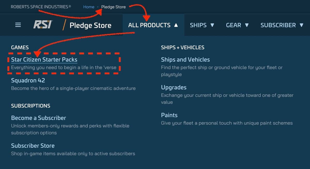 The STORE menu on the RSI website expanded, with the Starter Packs entry visible in the navigation.