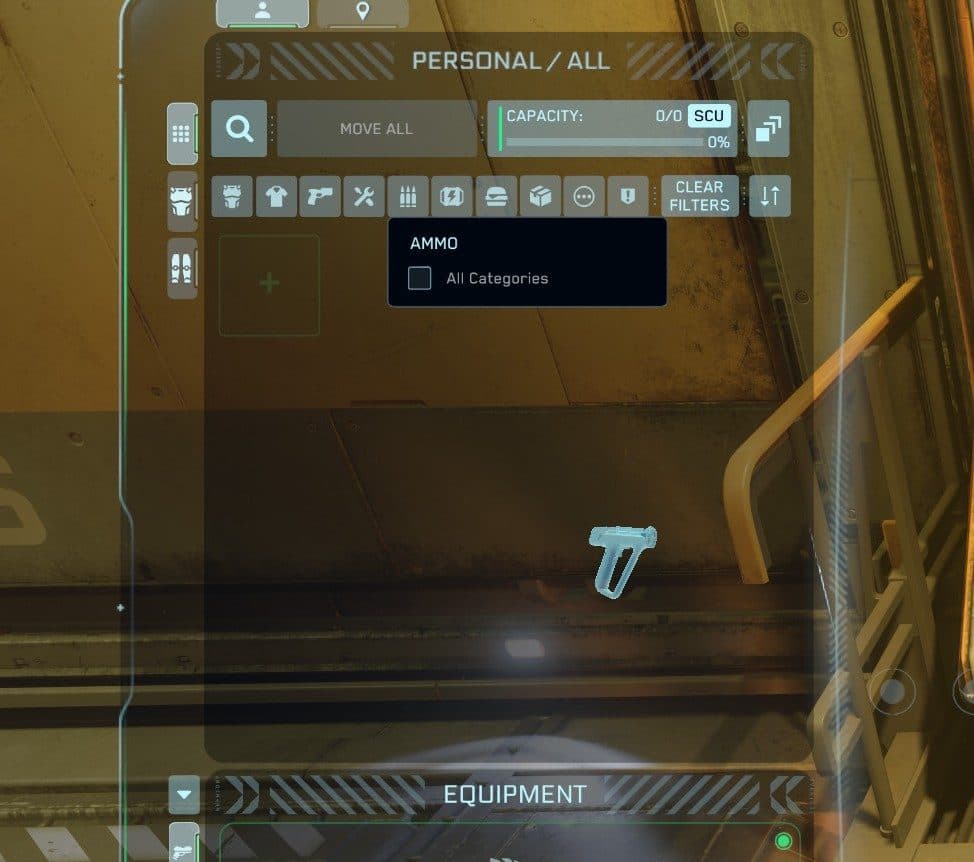 An item being dragged from the personal inventory panel into an adjacent storage inventory on the inventory screen.