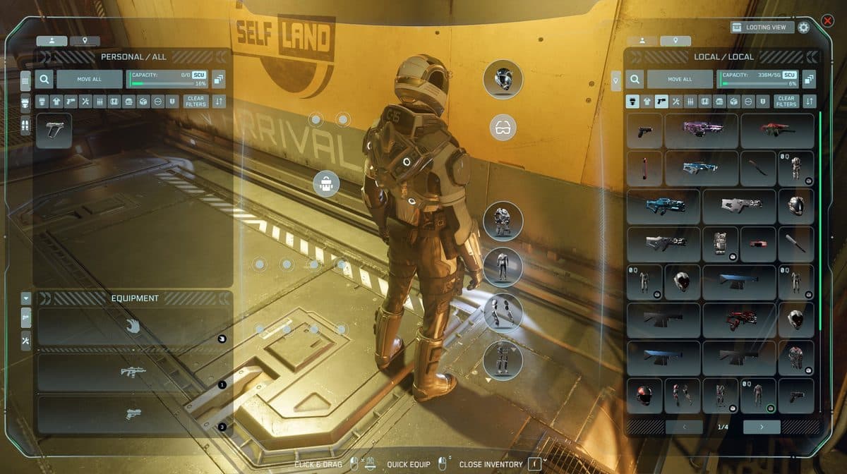 The full inventory screen with the character's personal inventory panel on one side and an external storage panel on the other.
