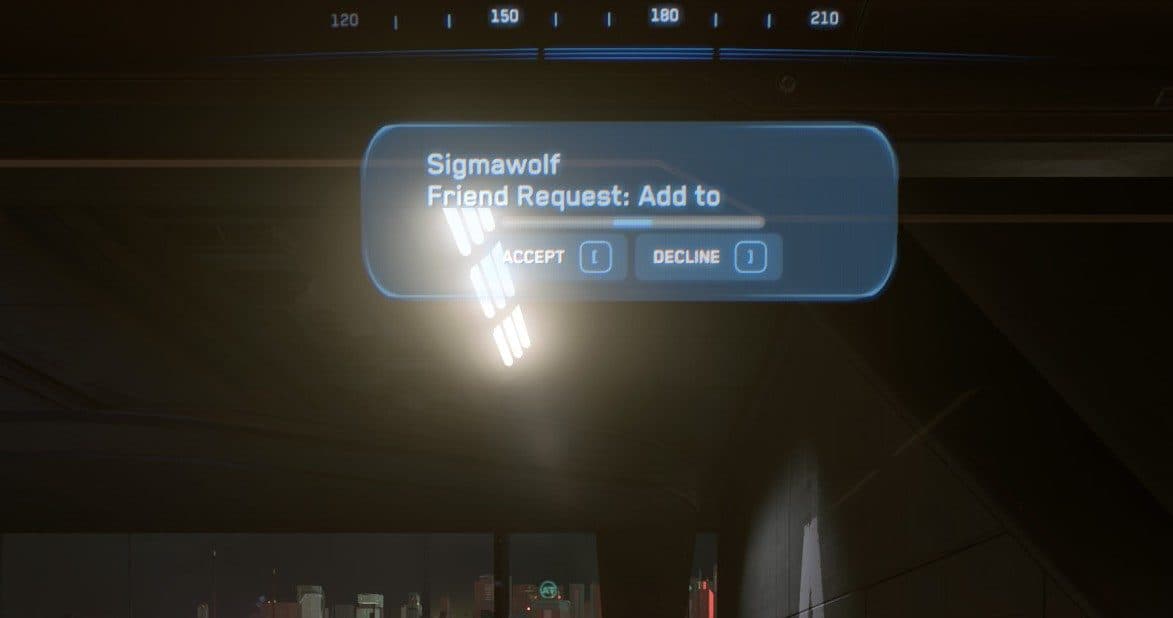 An incoming friend request shown in the contacts list with accept and decline buttons next to the sender's handle.