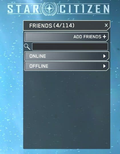 The Friends panel on the Star Citizen main menu with the Add Friend button at the top and the contacts list below.