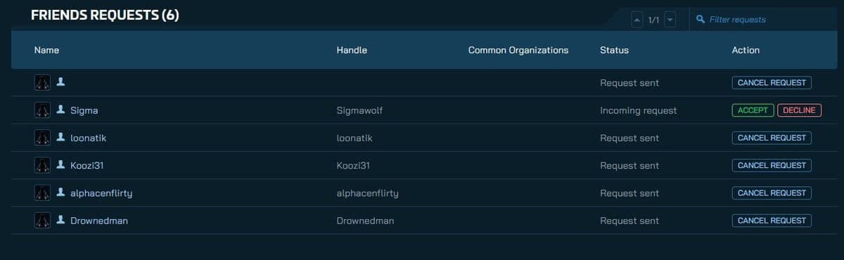 The Friends settings page listing pending outgoing friend requests, each with a cancel option.