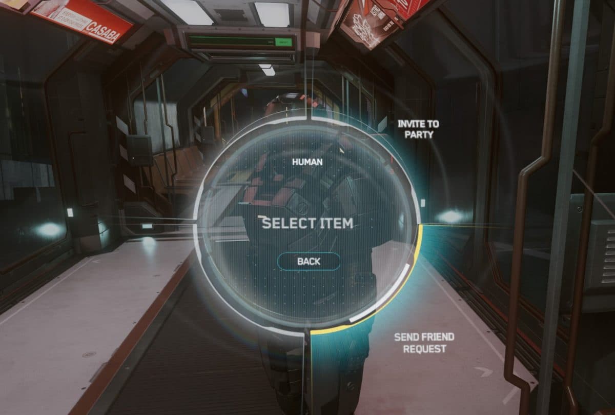A first-person view of another player with the Inner Thought interaction wheel open, highlighting the Add Contact option.