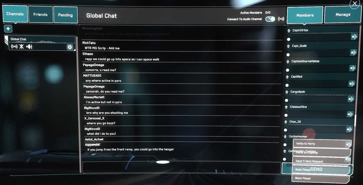 The in-game Commlink chat window with the Members list open, showing every player on the server and the option to send a friend request.