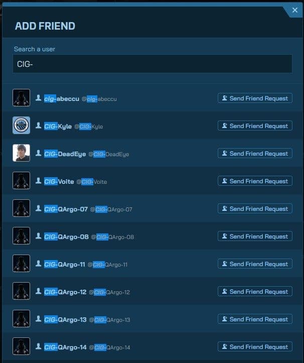Spectrum search results for a player handle, showing the matching player profile ready to open and send a friend request.