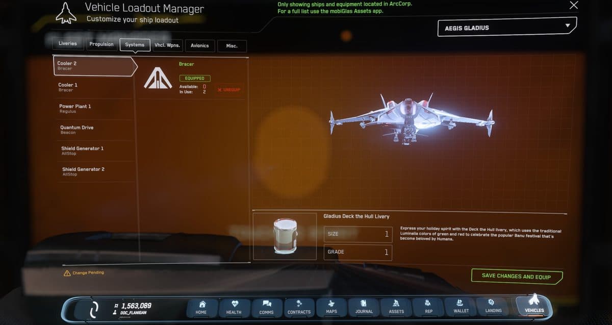 The ship loadout screen showing component slots for power plant, coolers, shields, and quantum drive with the installed parts listed.