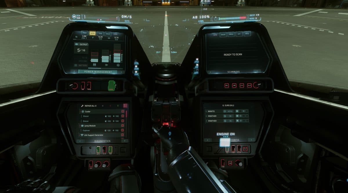A cockpit multi-function display showing the power triangle, with power split between weapons, shields, and engines.