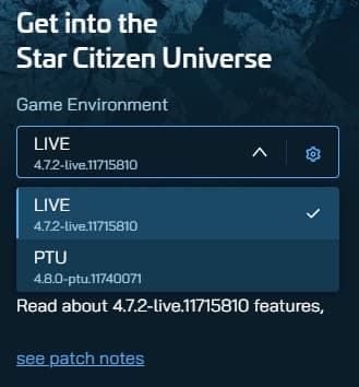 The RSI Launcher environment dropdown open, showing LIVE and PTU as selectable channels.
