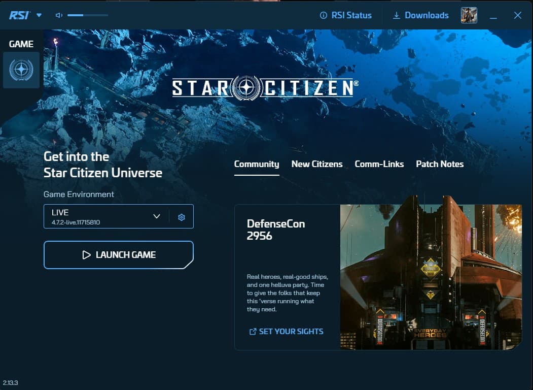 The RSI Launcher home screen with the game installed and the large LAUNCH GAME button ready, alongside the channel selector and patch notes area.