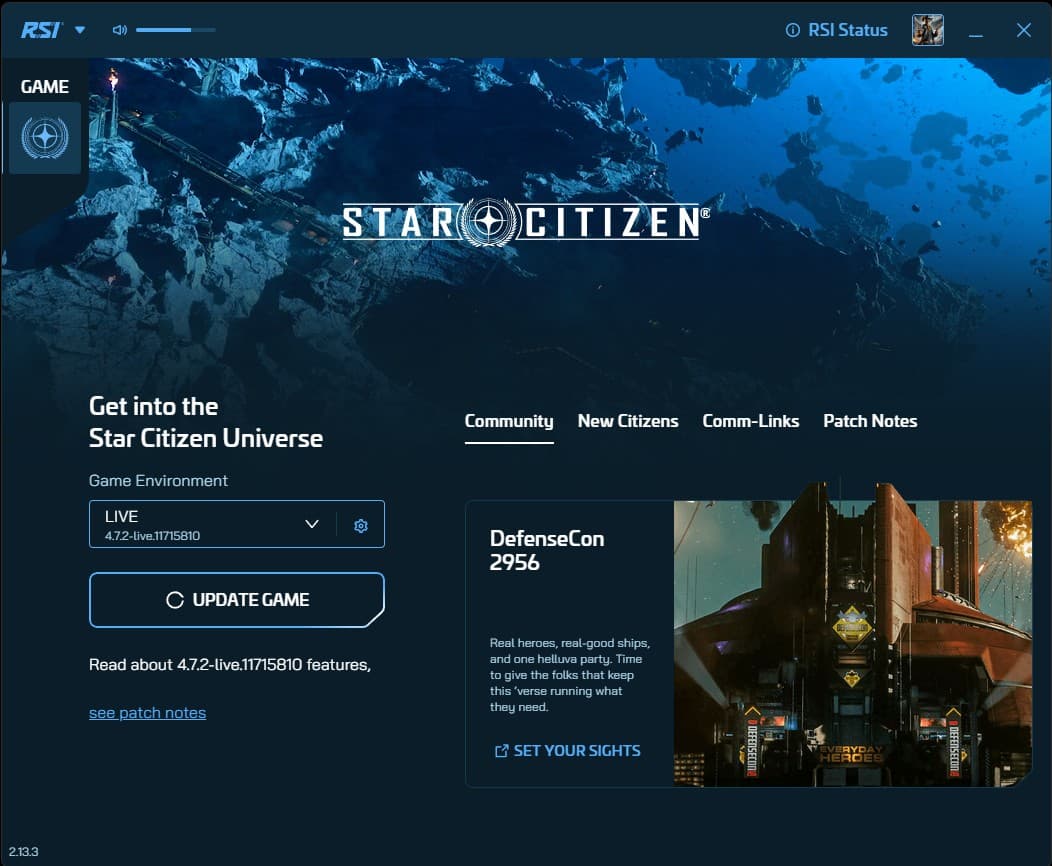 The RSI Launcher home screen with a Star Citizen download in progress, showing the progress bar and update controls.
