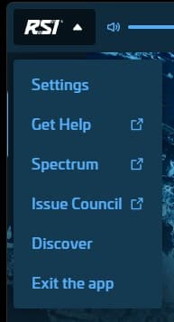 The RSI Launcher menu open, listing entries including Settings and Issue Council.