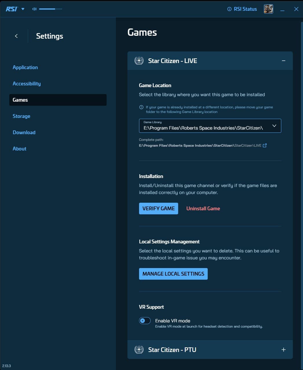 The RSI Launcher settings screen on the Games section, showing the installed game with its Verify option for repairing game files.