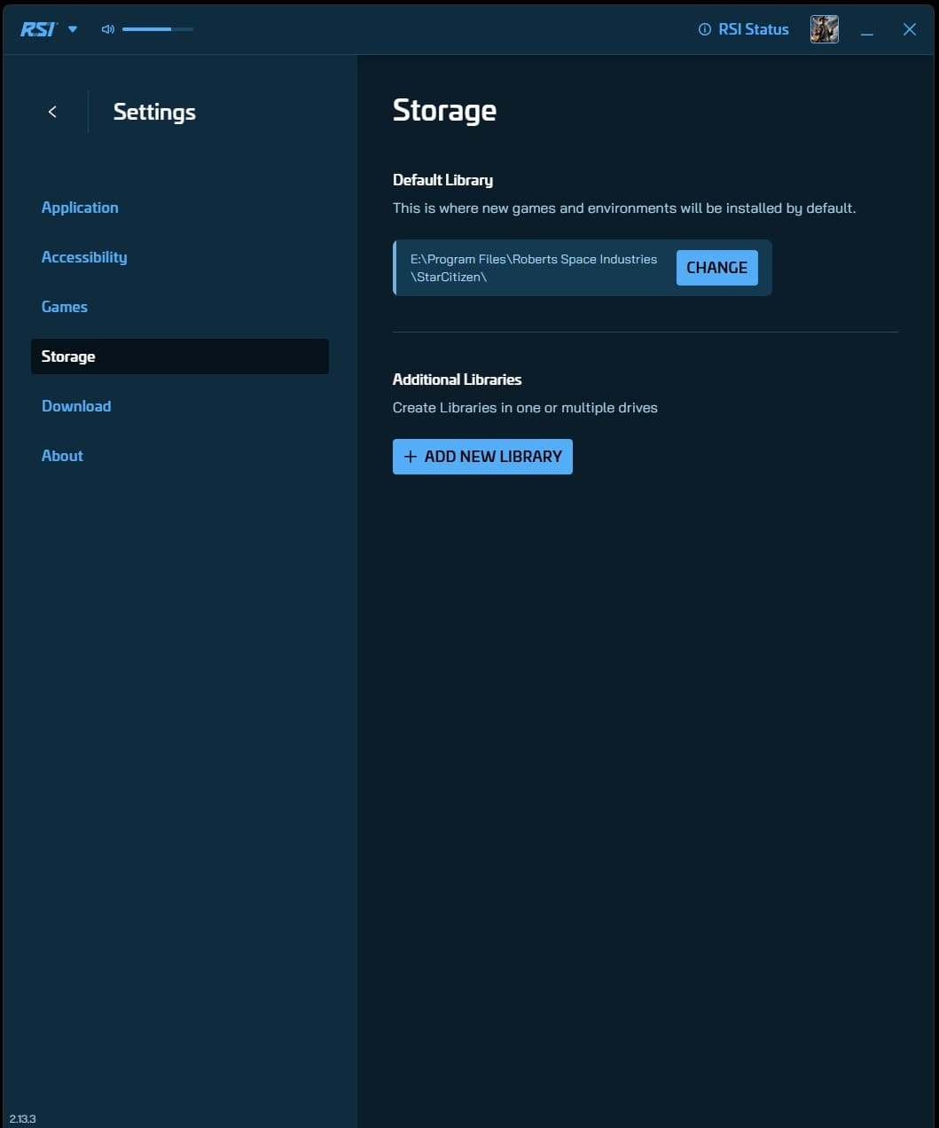 RSI Launcher Settings open on the Storage section, showing the Library install path where game files are stored.