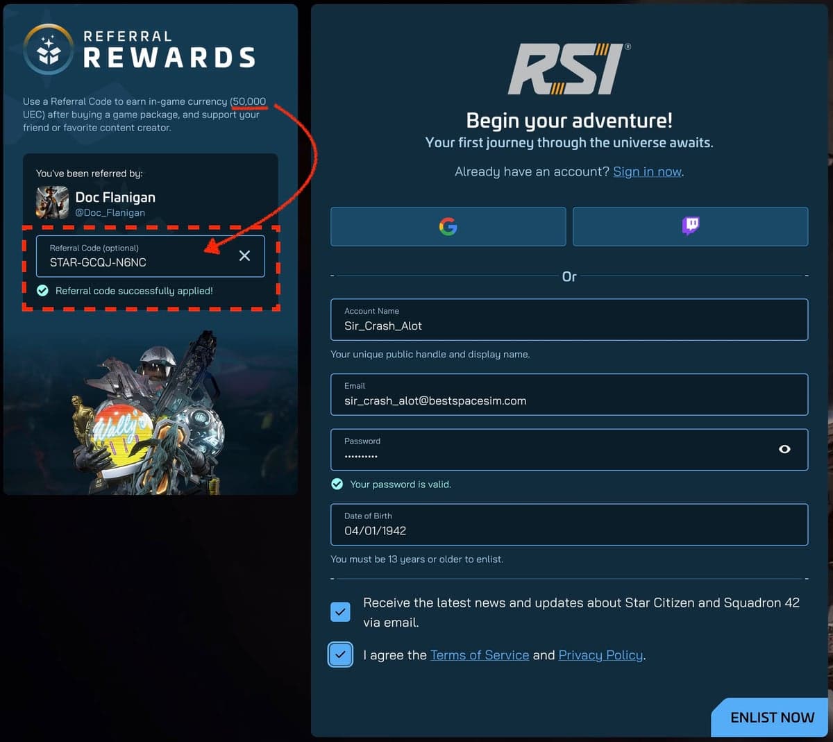 Star Citizen RSI signup form with the Referral Code field highlighted, showing code STAR-GCQJ-N6NC successfully applied.