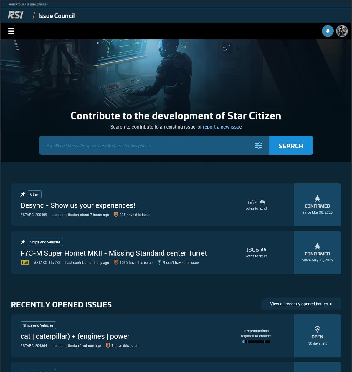 An Issue Council project page with the search bar at the top, pinned confirmed issues, and the list of recently opened reports below.
