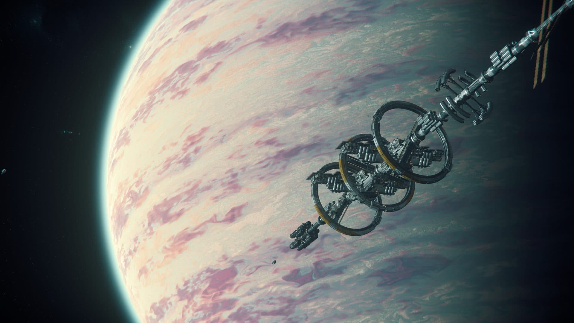 Port Olisar space station orbiting the gas giant Crusader in Star Citizen