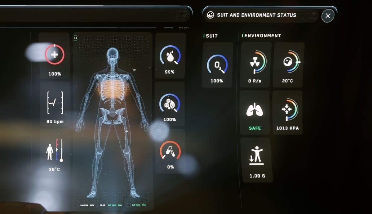 The mobiGlas character status screen showing the blue hydration bar and green nutrition bar for the player character.