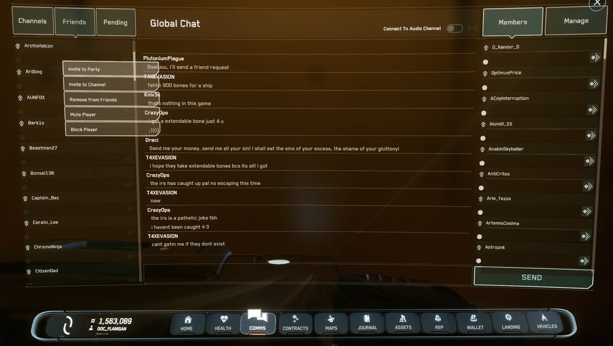 The F11 Commlink friends screen with a contact's context menu open, showing the Invite to Party option.