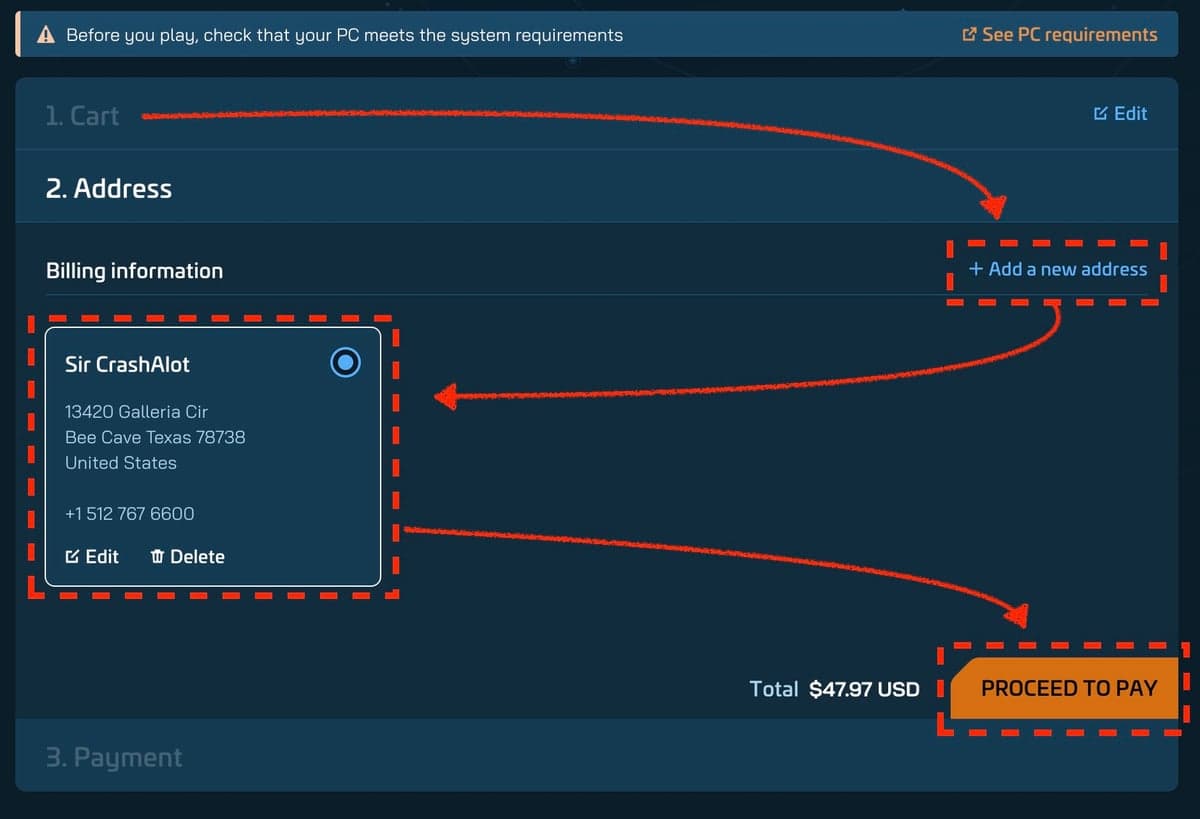 RSI checkout, step 2 Address: red arrows from 'Add a new address' to the saved billing address card and on to the Proceed to Pay button