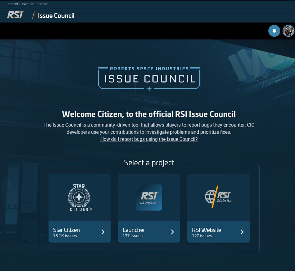 The Issue Council landing page with its Welcome Citizen header and project cards for Star Citizen, the Launcher, and the RSI Website.